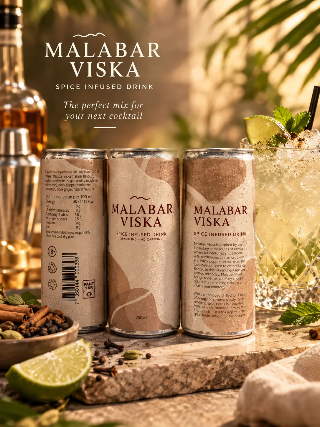 Chilled Malabar Viska cans styled with fresh lime and aromatic spices